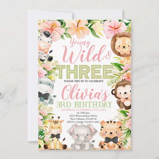 Invitation Young Wild and Three, 3e Anniversaire Animaux de l (Devant)