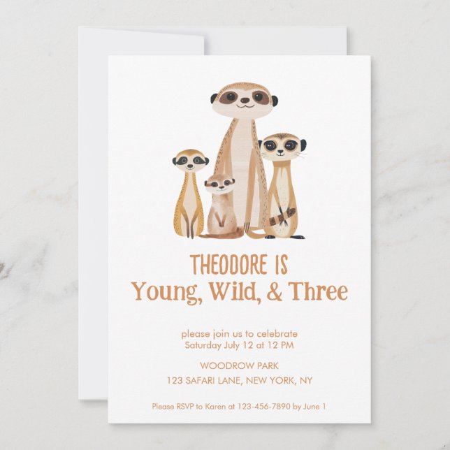Invitation Young Wild and Three Cute Meerkat Troisième annive (Devant)