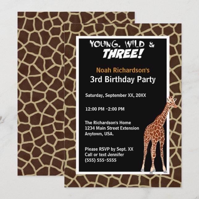 Invitation Young Wild and Three Giraffe Safari (Devant / Derrière)