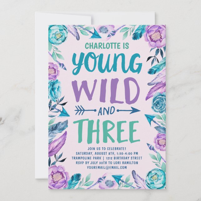 Invitation Young Wild and Three Girls Birthday Party (Devant)