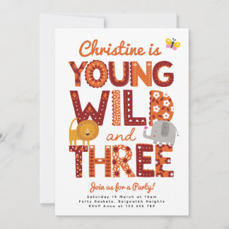 Invitation Young, Wild and Three Invite, Safari 3rd Birthday