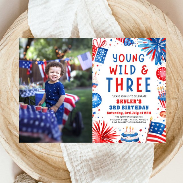 Invitation Young Wild et Three 4 Juillet 3 Anniversaire (Watercolor Patriotic Fireworks Young Wild and Three 4th July 3rd Birthday Party Invitation)