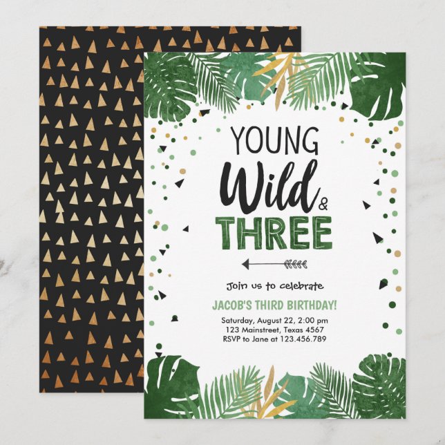 Invitation Young Wild et trois animaux Safari Boy Birthday (Devant / Derrière)