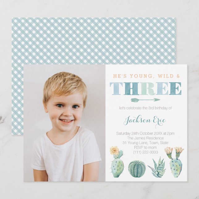 Invitation Young Wild et TROIS Cactus 3e Birthday Boy (Devant / Derrière)