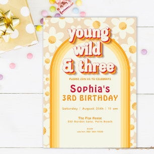 Invitation Young Wild & Three Boho Daisy Rainbow Birthday