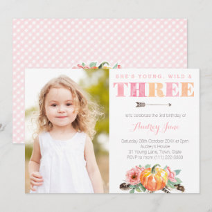 Invitation Young Wild & Three Citrouille Girl 3e fête d'anniv
