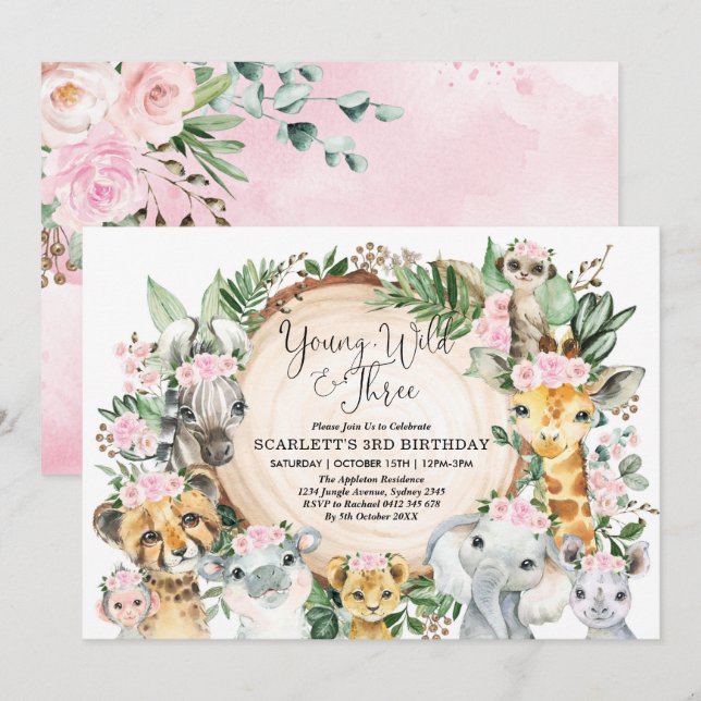 Invitation Young Wild & Three Floral Girl Jungle 3e anniversa (Devant / Derrière)