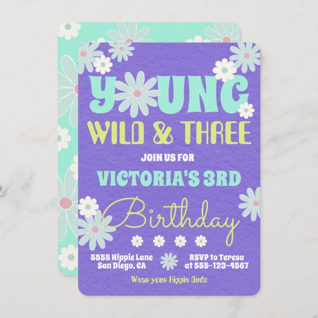 Invitation Young Wild & Three Hippie Birthday Party (Devant / Derrière)