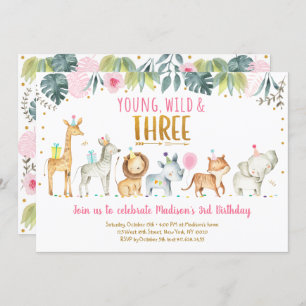 Invitation Young Wild & Three Pink Safari Anniversaire