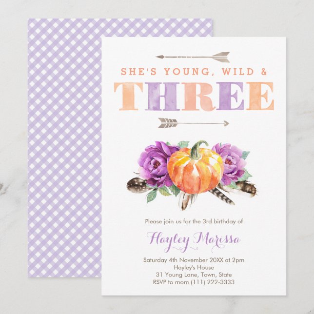 Invitation Young Wild Three Purple Citrouille 3e fête d'anniv (Devant / Derrière)