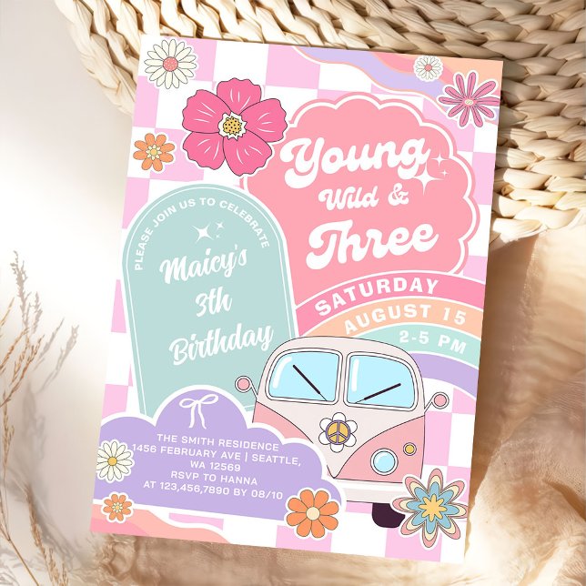 Invitation Young wild & Three Rainbow Car Daisy Birthday (Créateur téléchargé)
