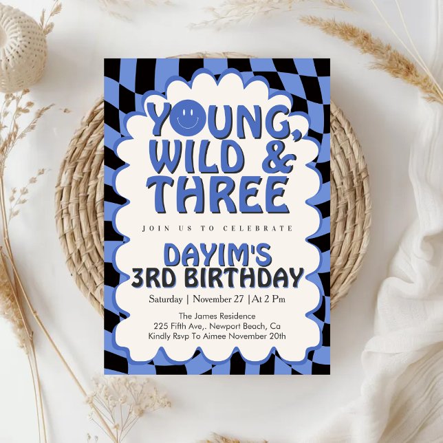 Invitation Young Wild & Three Retro Blue Boy 3rd Birthday (Créateur téléchargé)