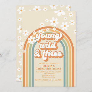 Invitation Young Wild Three Retro Rainbow Daisy Anniversaire