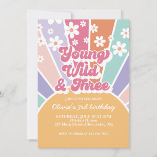 Invitation Young Wild Three Retro Sunshine Rainbow Daisy
