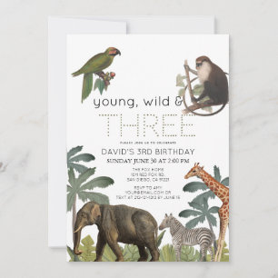 Invitation Young Wild & Three Safari Animaux 3e anniversaire