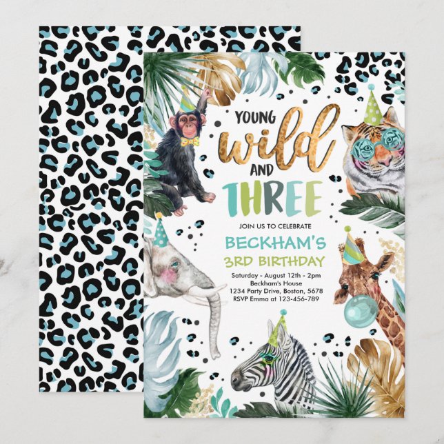 Invitation Young Wild & Three Safari Animaux 3e anniversaire  (Devant / Derrière)