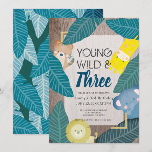 Invitation Young Wild & Three Safari Animaux Garçon 3e annive