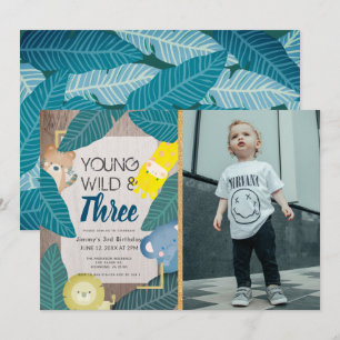 Invitation Young Wild & Three Safari Animaux Photo Anniversai