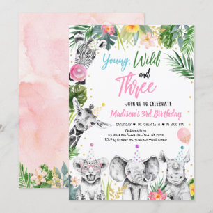 Invitation Young Wild & Three Tropical Safari Girl Birthday