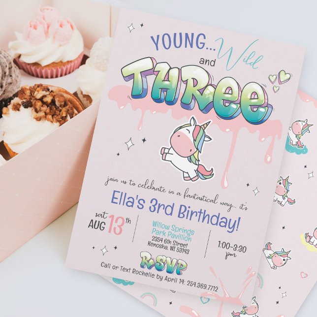 Invitation Young Wild Three Unicorn Rainbow Girl 3e anniversa (Young Wild and THREE cute girl kawaii unicorn rainbow pink purple graffiti magic 3rd birthday invite)