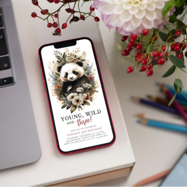 Invitation Young Wild Trois 3e anniversaire Enfants Cute Pand (Créateur téléchargé)