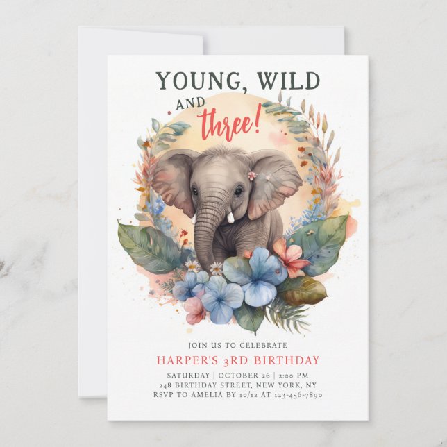 Invitation Young Wild Trois 3e anniversaire enfants mignon él (Devant)