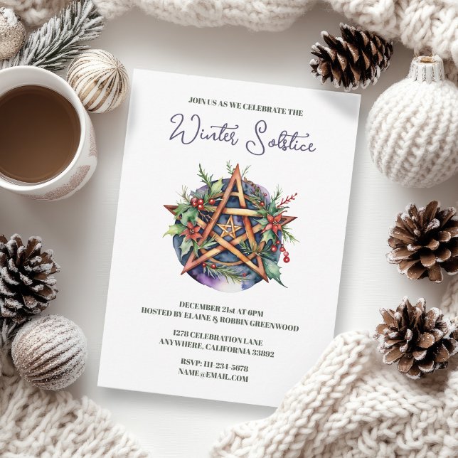 Invitation Yule Solstice d'Hiver Houx Pentacle Païen Wicca (Yule Winter Solstice Holly Pentacle Pagan Wicca Invitation)