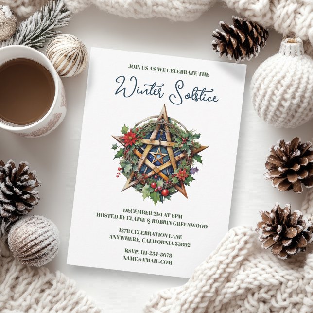 Invitation Yule Solstice d'Hiver Houx Pentacle Païen Wicca (Yule Winter Solstice Holly Pentacle Pagan Wicca Invitation)