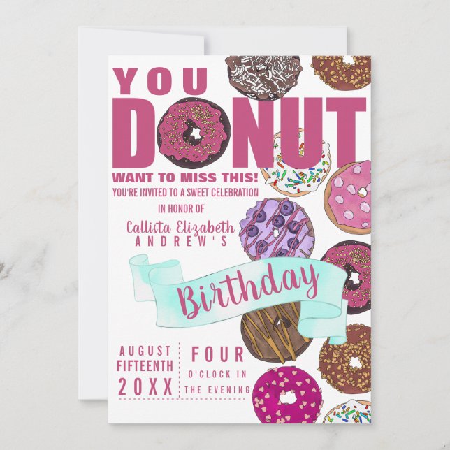 Invitation Yummy Rose Turquoise Donuts Aquarelle Anniversaire (Devant)