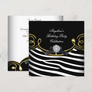 Invitation Zebra Animal Black White Gold fête d'anniversaire