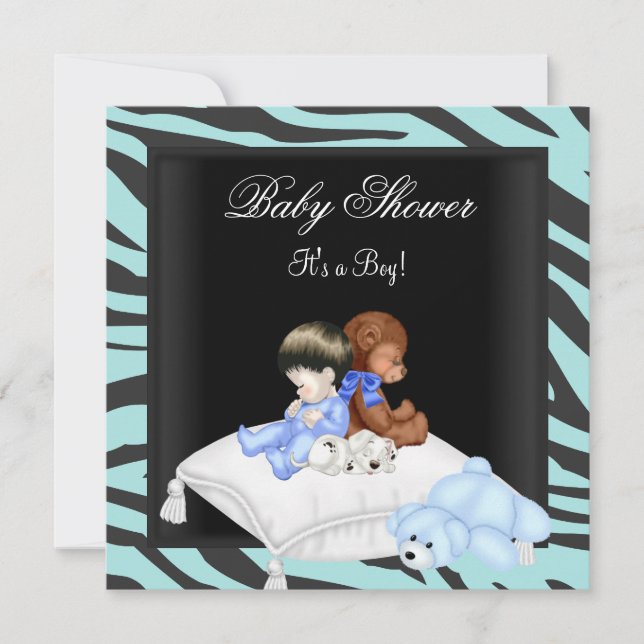 Invitation Zebra Baby shower Boy Blue Black Crown Prince (Devant)