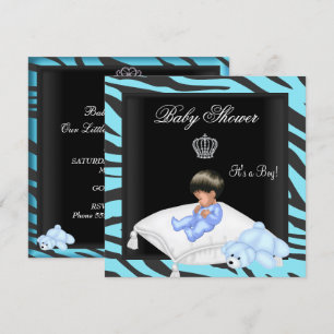 Invitation Zebra Baby shower Boy Blue Black Crown Prince