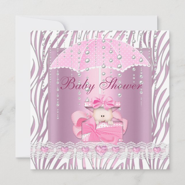 Invitation Zebra Baby shower fille bébé rose parapluie blanc (Devant)