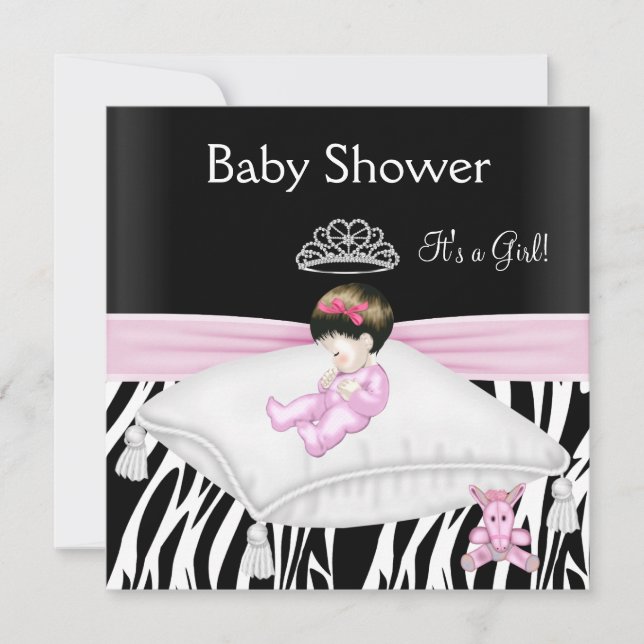 Invitation Zebra Baby shower fille rose noir blanc princesse (Devant)