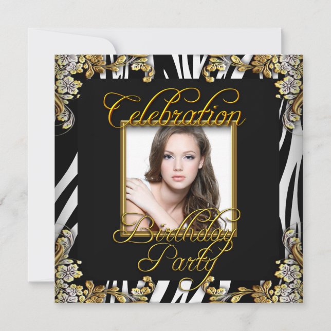 Invitation Zebra Black White Gold Photo Anniversaire (Devant)