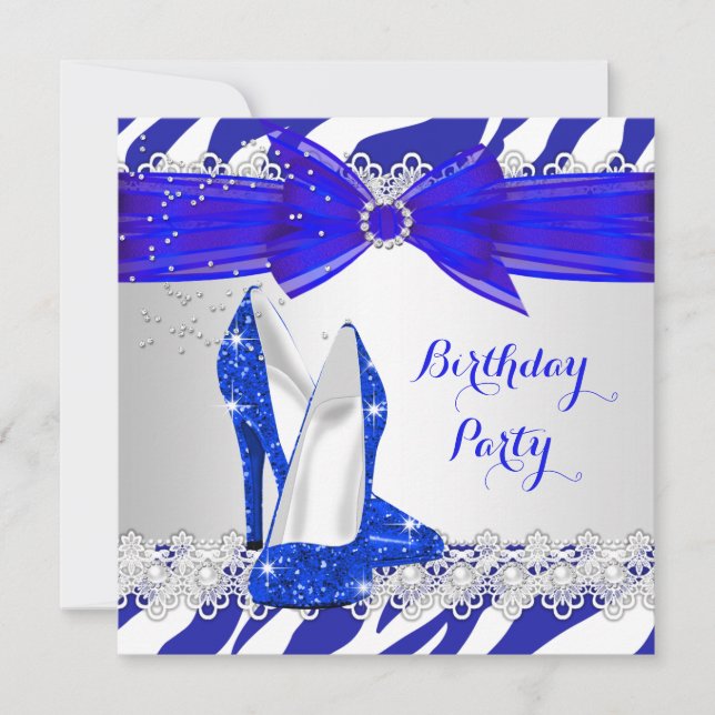 Invitation Zebra Bleu Bleu Bleu Dentelle Perle Anniversaire (Devant)