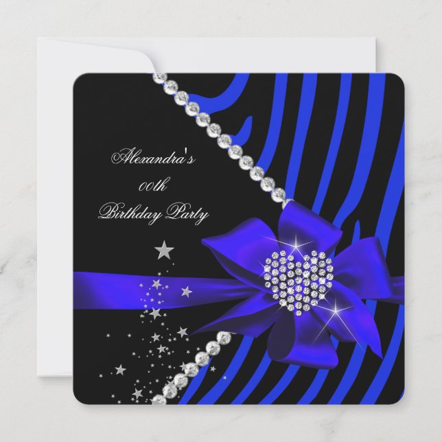 Invitation Zebra Blue Heart Jewel Gems Black Birthday Party (Devant)