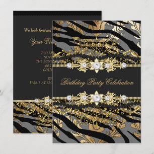 Invitation Zebra Damask Gold Black Foil Beige Elegant Party