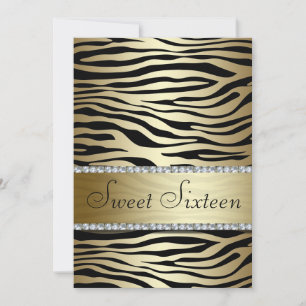 Invitation Zebra en or avec Sweet sixteen aux bijoux Faux