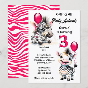 Invitation Zebra jungle safari thème rose noir rayures enfant