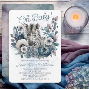 Invitation Zebra Oh Baby Baby shower floral bleu
