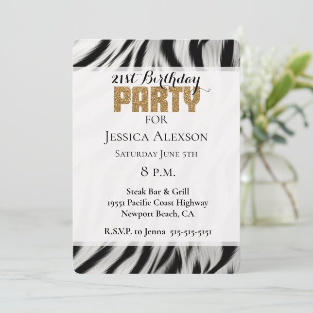 Invitation Zebra Poster de animal Gold Parties scintillant 21 (Debout devant)