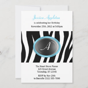 Invitation Zebra Print Aqua Blue Glass Monogramme Anniversair
