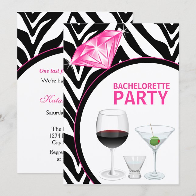 Invitation Zebra Print & Diamond Bachelorette Party (Devant / Derrière)