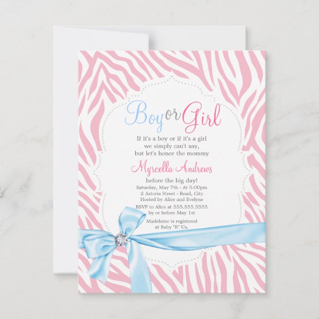 Invitation Zebra Print & Diamond Girl or Boy Baby shower (Devant)