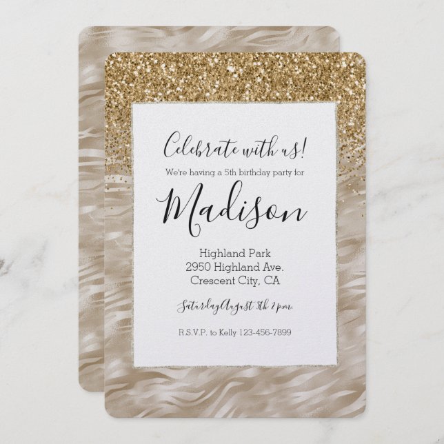 Invitation Zebra Print Faux Gold Parties scintillant (Devant / Derrière)