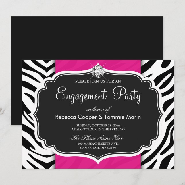 Invitation Zebra Print Hot Pink Diamond Engagement Party (Devant / Derrière)