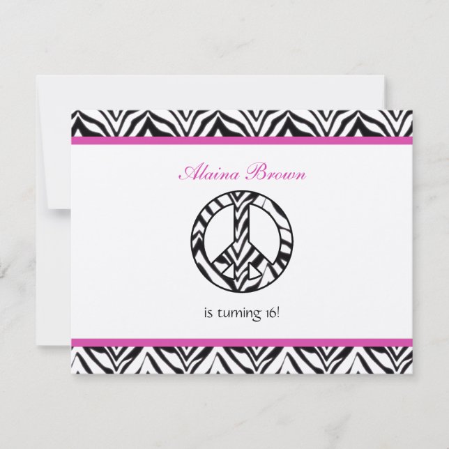 Invitation Zebra Print Peace Sign Anniversaire Fête Invitatio (Devant)