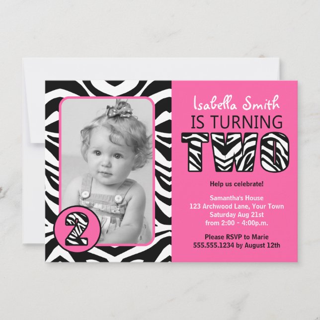 Invitation Zebra Print Pink Girls Second Birthday (Devant)