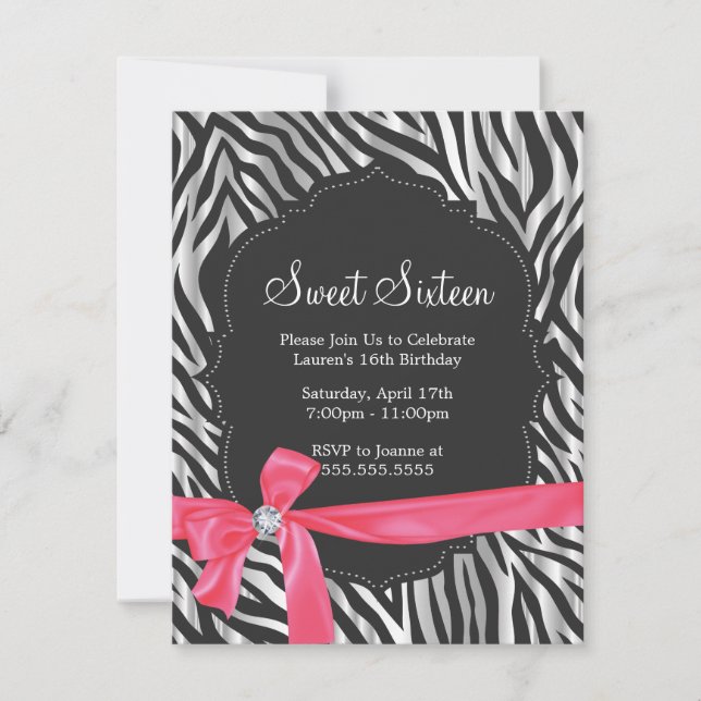 Invitation Zebra Print Pink Ribbon & Diamond (Devant)
